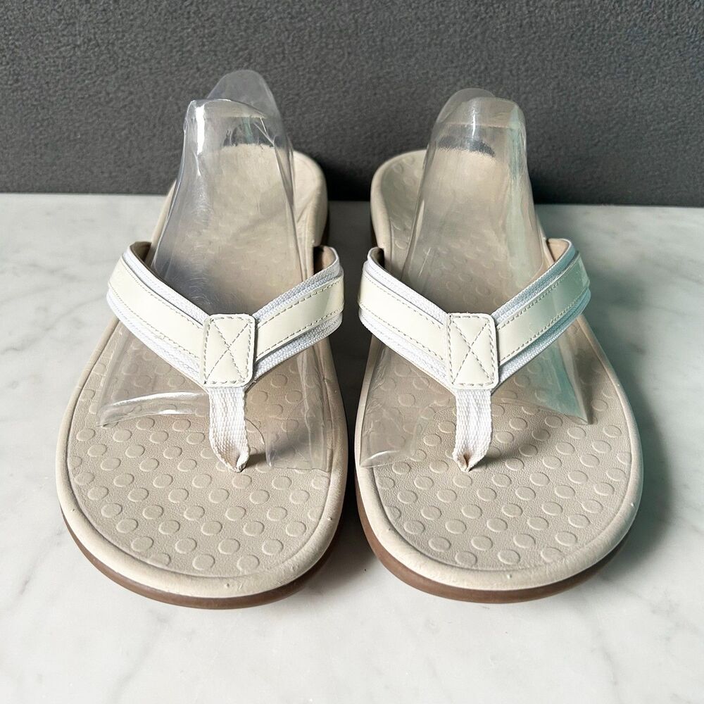 Toe Post Sandals Women's 11 Vionic Tide Orthotic White Textile/Patent Leather